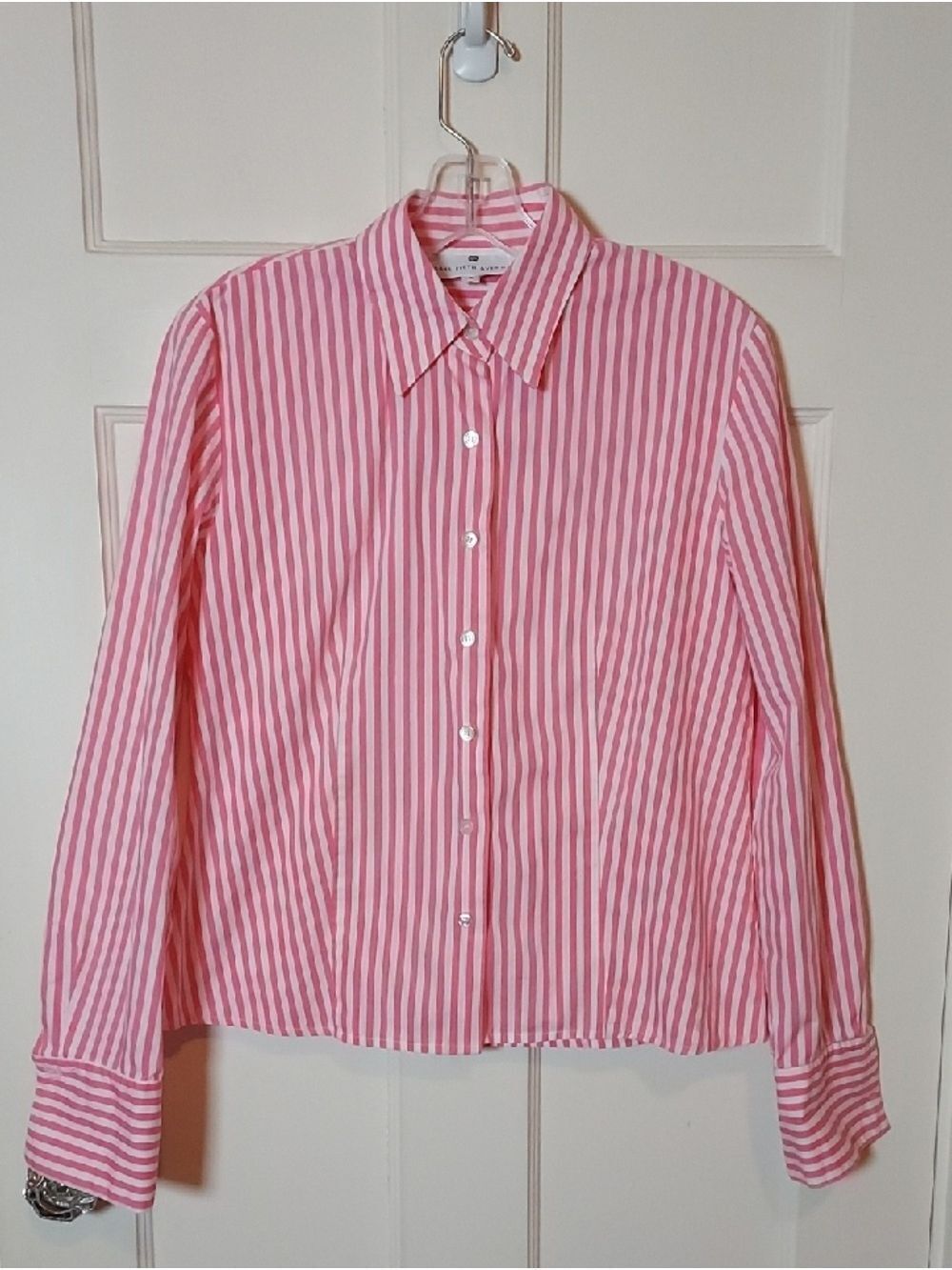 Vintage Saks Fifth Avenue Womens Pink and White Striped Fitted Button Down Shirt